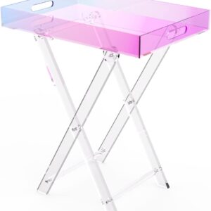 Acrylic Iridescent Coffee Table, Folding Tray End Table, Modern Chic Accent Desk-Living Room,Bedroom And Bar Serving20x14 Inch,24 Inch High